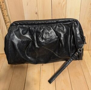Vintage Black sintetic Leather Clutch with Wrist Strap made in Taiwan